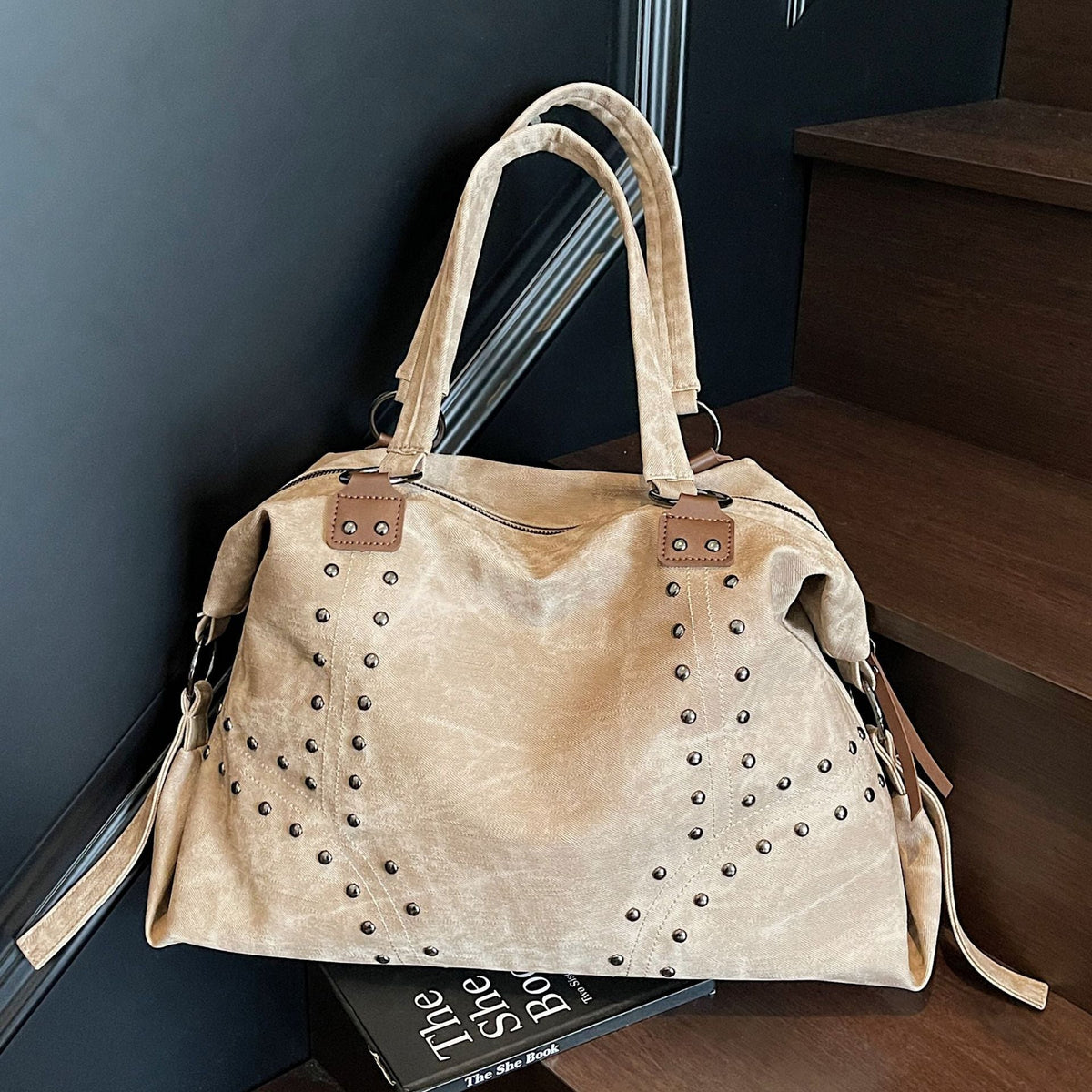 Trendy Soft PU Leather Tote Bag with Studs