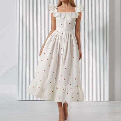 French Floral High-Waisted A-Line Dress with Flutter Sleeves