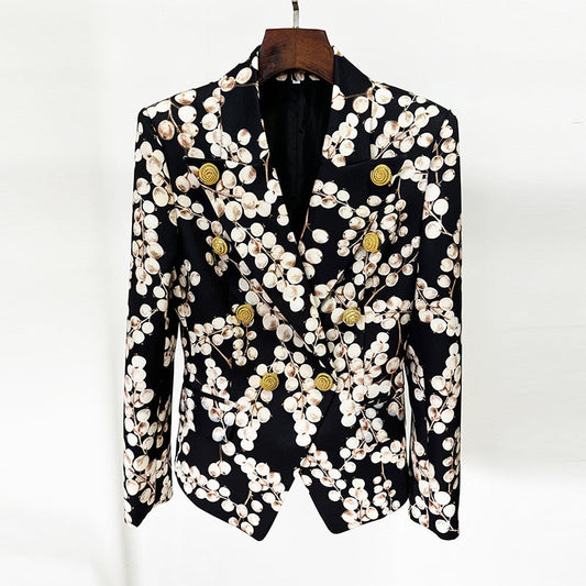 Metallic Snail Button Blazer With Floral Print Trousers