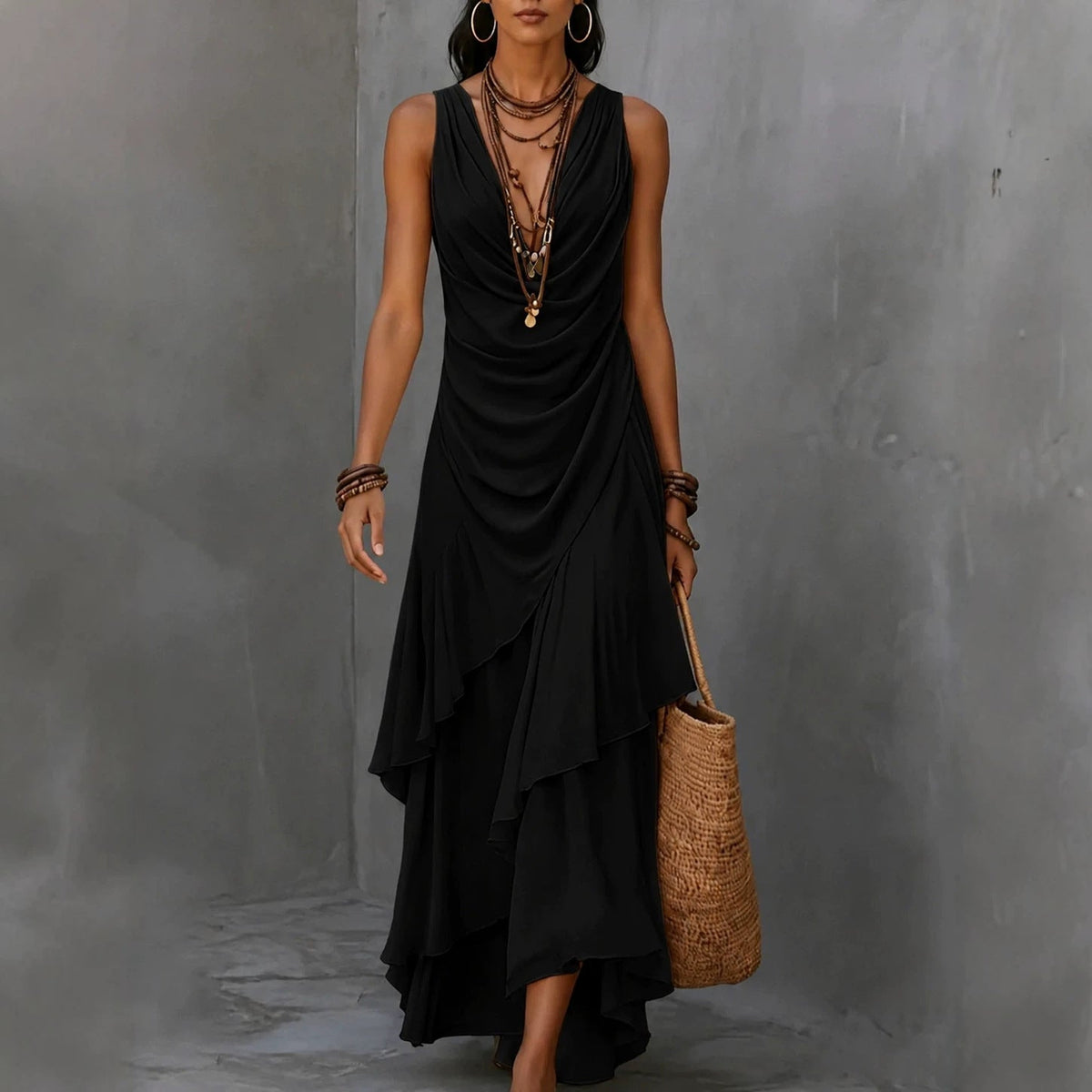 Sleeveless Draped V-Neck Asymmetrical Ruffle Maxi Dress