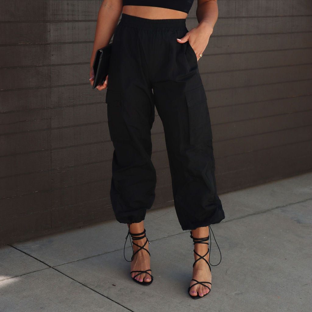 Multi-Pocket Work Pants for Women Casual Drawstring Tapered Trousers