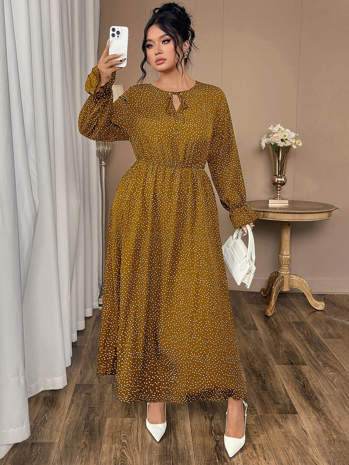 Plus Size Polka Dot Chiffon Dress With Flared Sleeves