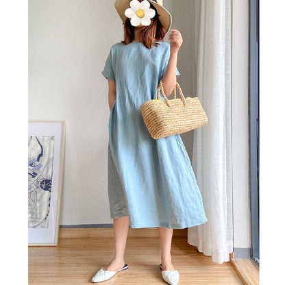 Cotton And Linen Solid Color Plus Size Dress Women'S Summer Loose Japanese Mid-Length Skirt Women