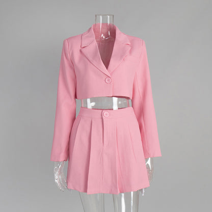 Elegant Blazer Skirt Set Solid Color Polyester Fashion