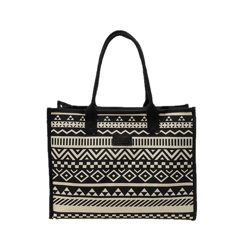 Geometric Canvas Tote Bag Durable Zipper Shoulder Bag