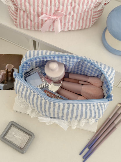 Pastel Striped Lace Storage Pouch Cute Fresh Style