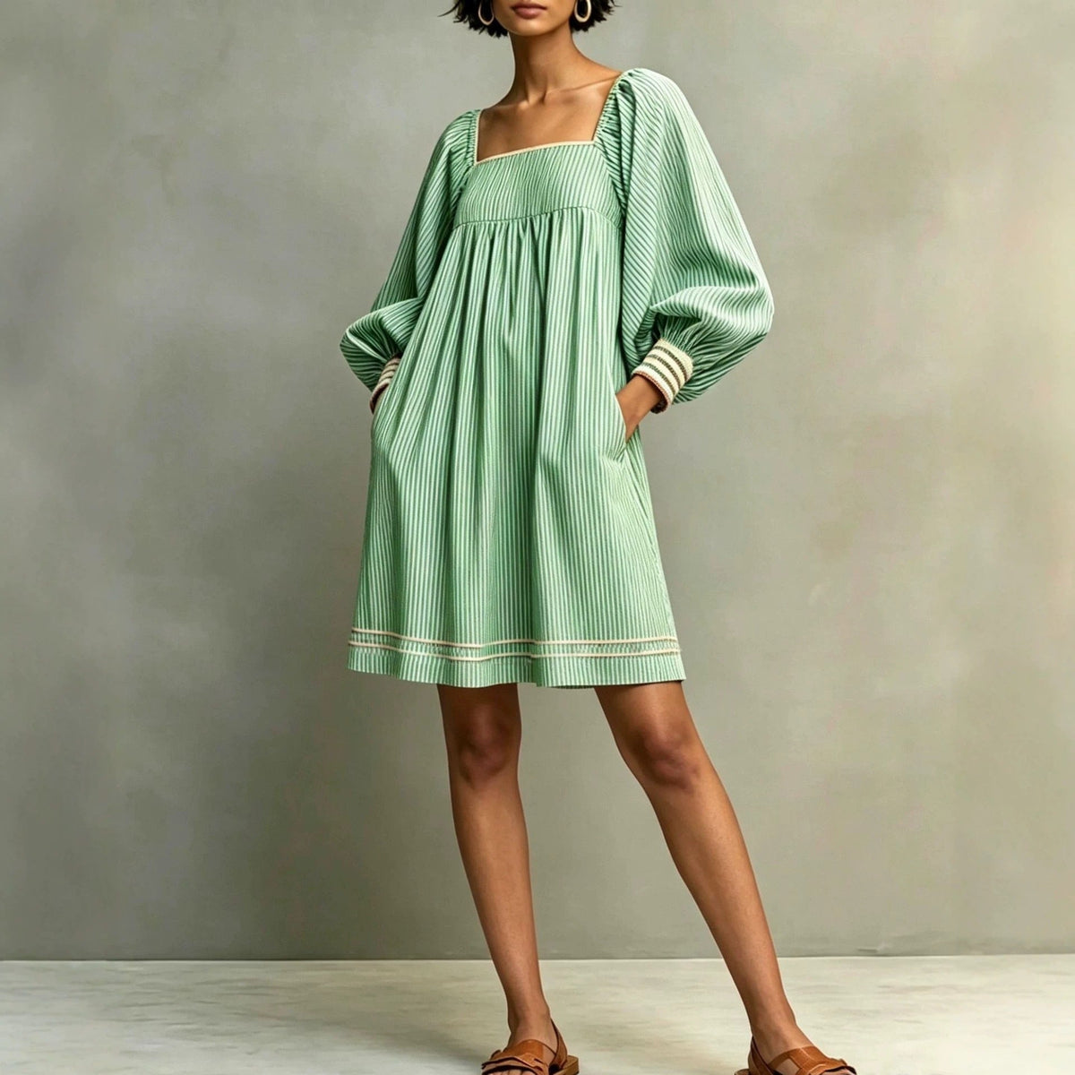 Striped Square Neck Balloon Sleeve Mini Dress