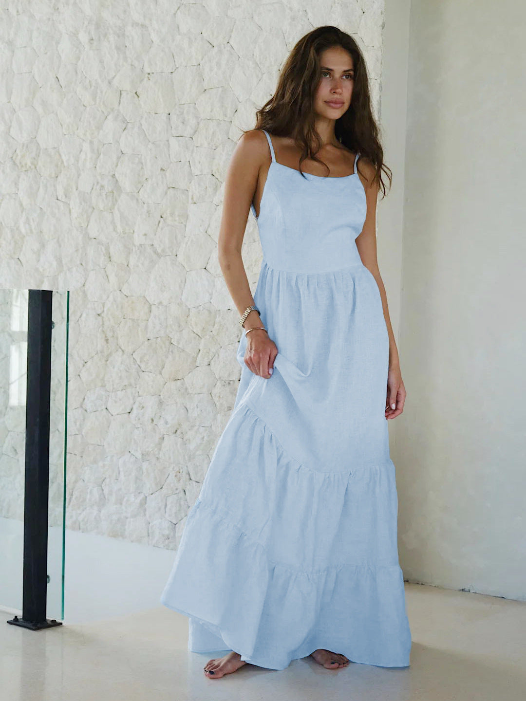 Strappy Back Maxi Dress Elegant Cotton Cake Dress