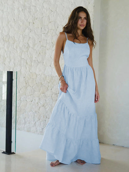 Strappy Back Maxi Dress Elegant Cotton Cake Dress