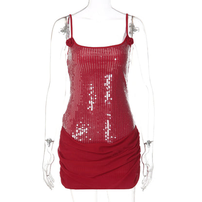 Fashionable Sequin Sleeveless Bodycon Dress with Mesh Details