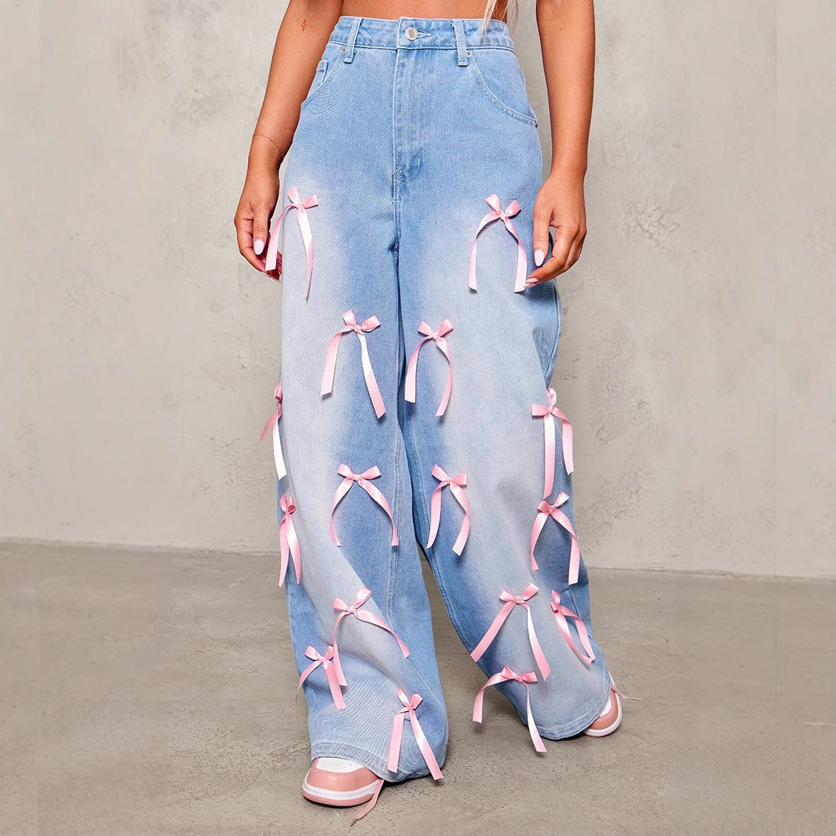 Bow Washed Loose Street Jeans