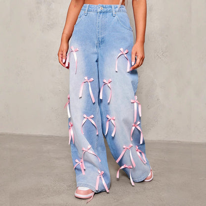 Bow Washed Loose Street Jeans