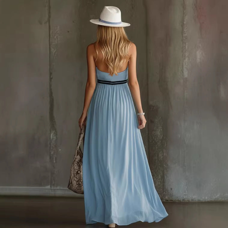 Light Blue Crisscross Halter Flowy Chiffon Maxi Dress
