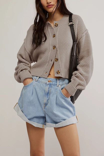 Solid Color Loose Button Knit Crdigan