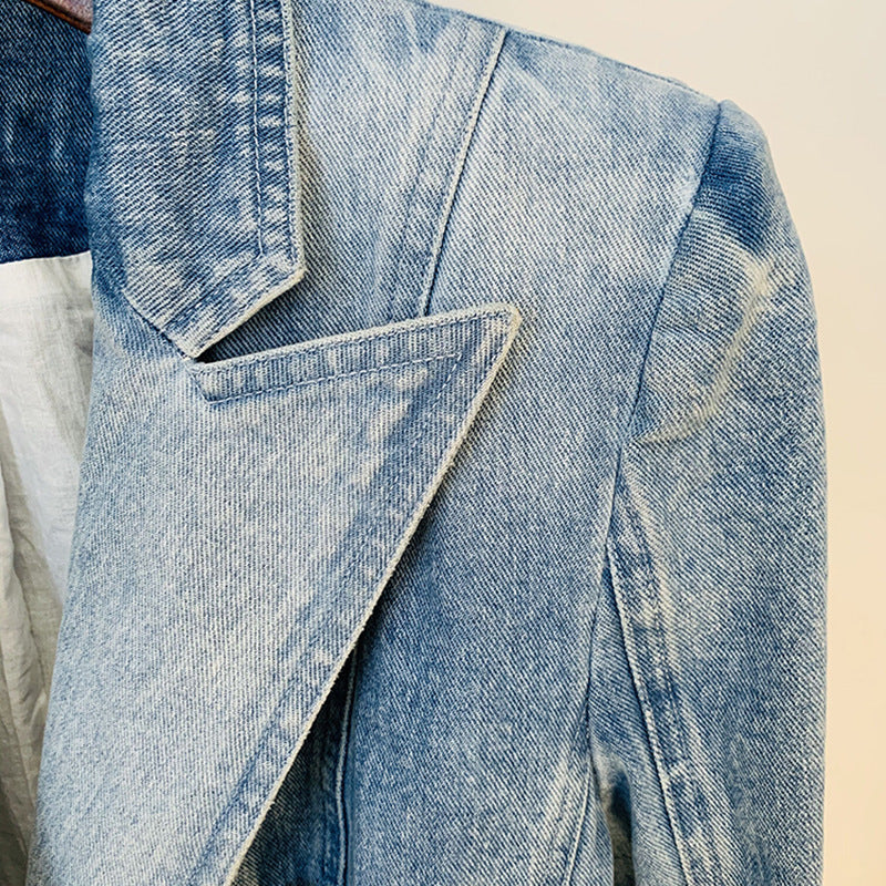 Trendy Double-Breasted Denim Blazer With Lion Button