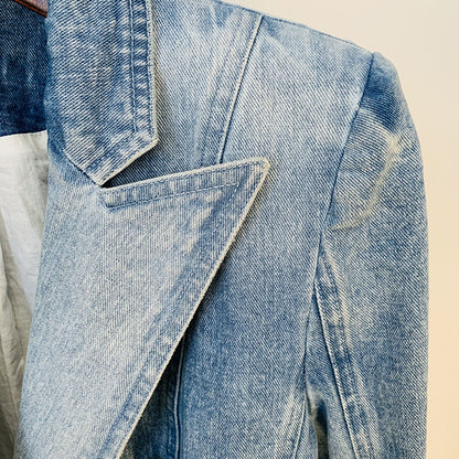 Trendy Double-Breasted Denim Blazer With Lion Button