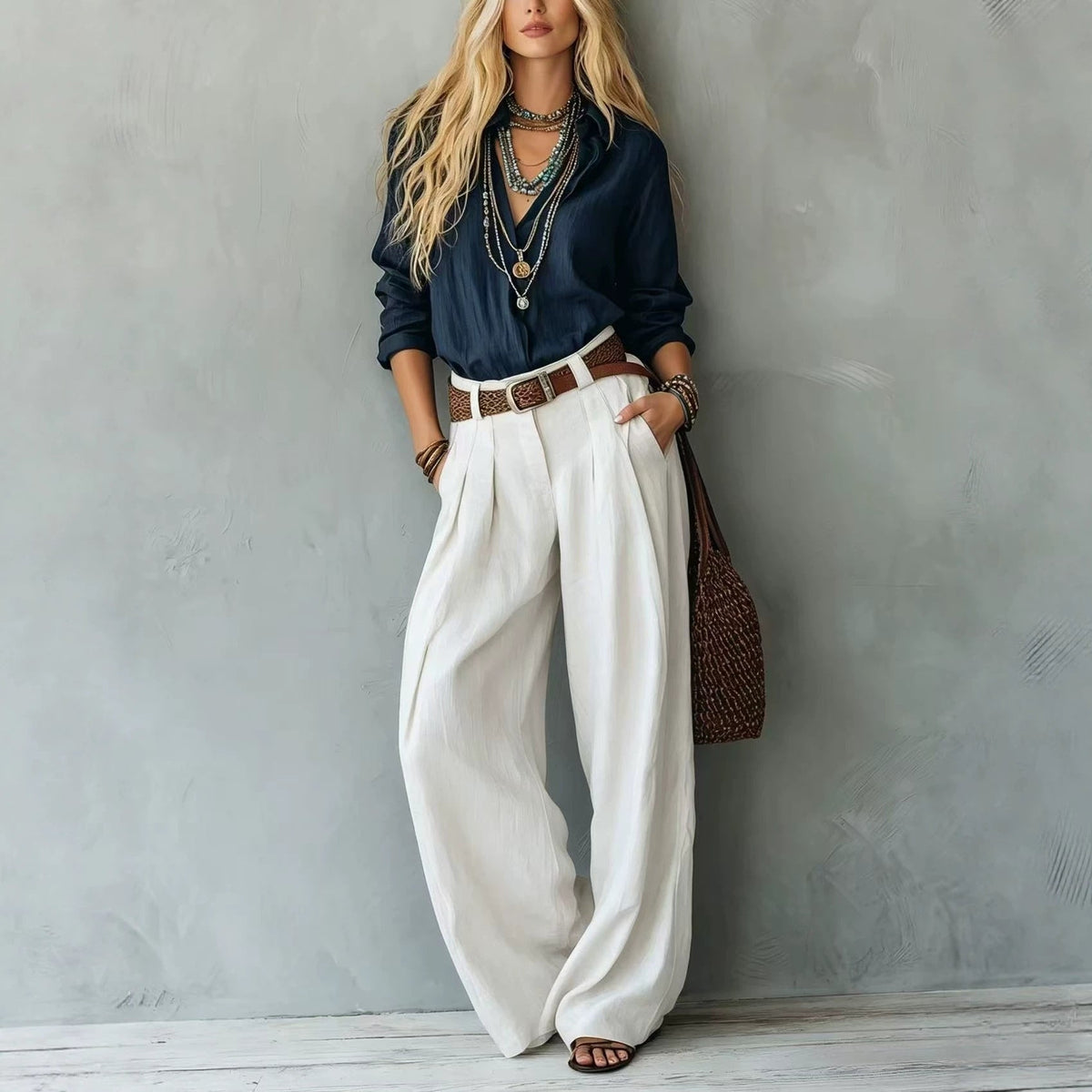 Navy Blue Loose Linen Shirt & Beige Pleated Wide Leg Linen Pants 2 Piece Boho Co-Ord Set