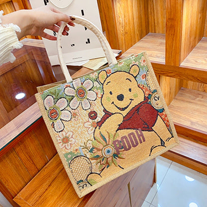 Linen Tote Bag Cute Cartoon Embroidery Large Capacity