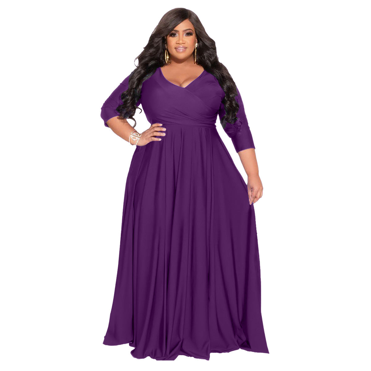 Plus Size Solid Color V-Neck Elegant Long Dress