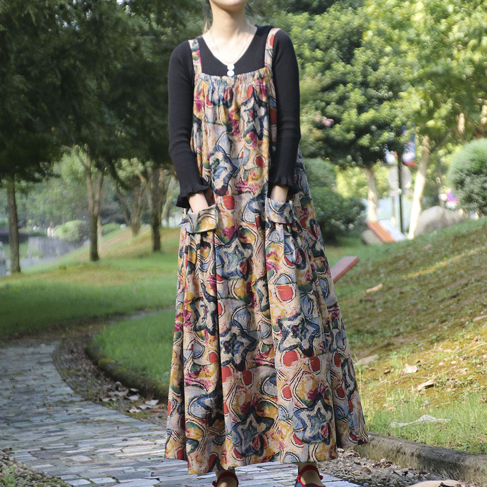 Spring And Autumn Ethnic Style Printed Cotton Hemp Strap Dress Loose Swing Large Pocket Long Dress