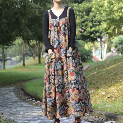 Spring And Autumn Ethnic Style Printed Cotton Hemp Strap Dress Loose Swing Large Pocket Long Dress