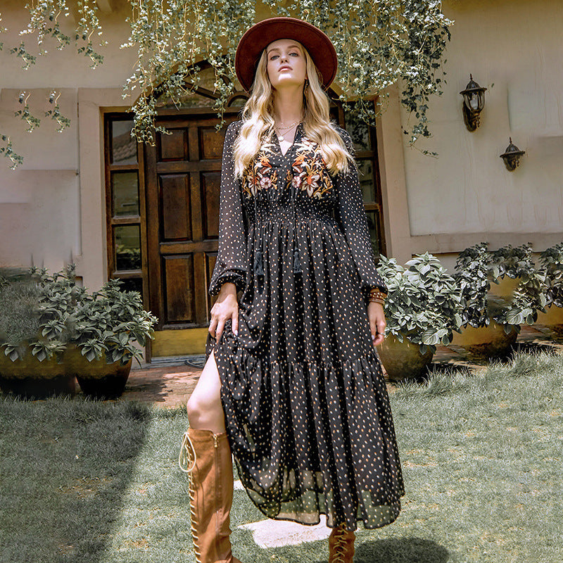New Spring And Autumn Chiffon Long Sleeve Embroidery Black High Waist Polka Dot Long Dress