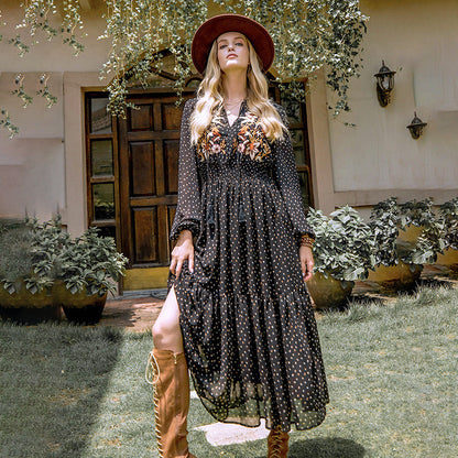 New Spring And Autumn Chiffon Long Sleeve Embroidery Black High Waist Polka Dot Long Dress