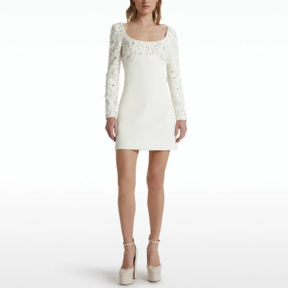 Long Sleeve U-Neck Sequin Dress Elegant Mini Cocktail Dress