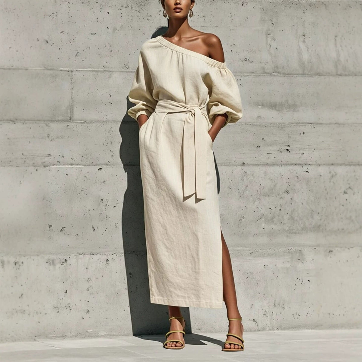 Linen One Shoulder Balloon Sleeve Self Tie Waist Side Slit Midi Dress