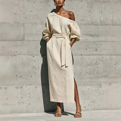 Linen One Shoulder Balloon Sleeve Self Tie Waist Side Slit Midi Dress