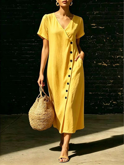 Linen Wrap V Neck Side Button Short Sleeve Midi Dress