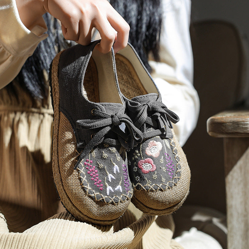 Leisure Lace Up Front Buckle Round Head Women'S Embroidered Shoes, Low Cut Flat Heel Cotton Linen Cloth Shoes, Spring And Summer Single Shoe