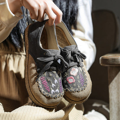 Leisure Lace Up Front Buckle Round Head Women'S Embroidered Shoes, Low Cut Flat Heel Cotton Linen Cloth Shoes, Spring And Summer Single Shoe