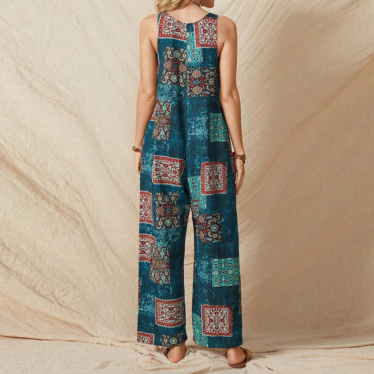 Women'S Loose Print Suspenders Vintage Casual Cotton Linen Jumpsuit