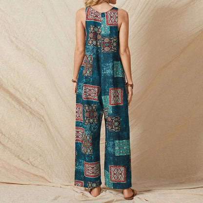 Women'S Loose Print Suspenders Vintage Casual Cotton Linen Jumpsuit