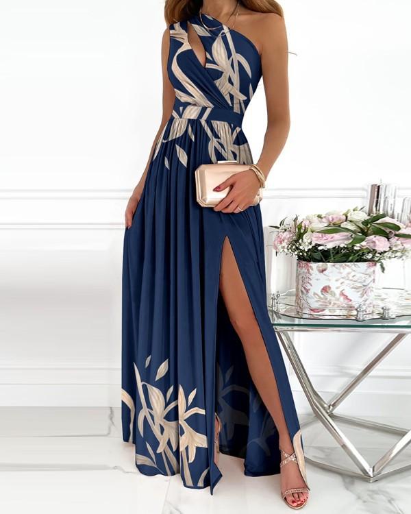 Women'S Diagonal Shoulder Hollowed Out Temperament Printed Stitched  Dress