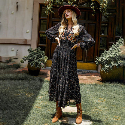 New Spring And Autumn Chiffon Long Sleeve Embroidery Black High Waist Polka Dot Long Dress