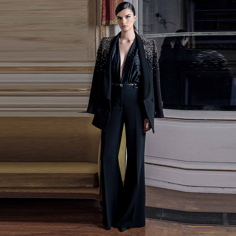 Luxury Beaded Blazer And Trousers Set Elegant Street Style
