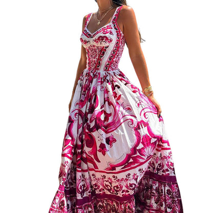 New Women'S Fashion Temperament Printed Suspenders Sleeveless Waist Swing Dress