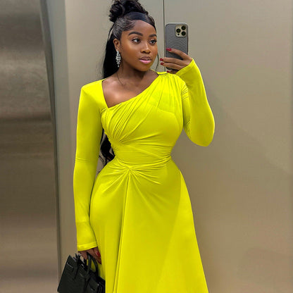 Elegant Ruffle Asymmetrical Dress With Long Sleeves