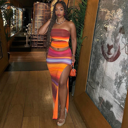 Gradient Print Sleeveless Bodycon Dress Set Sexy Summer Style