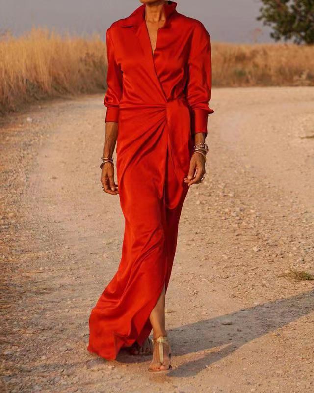 Women'S Tie-Up High-Rise Split Mop Dress With Long Sleeves And Lapels Sexy Dress