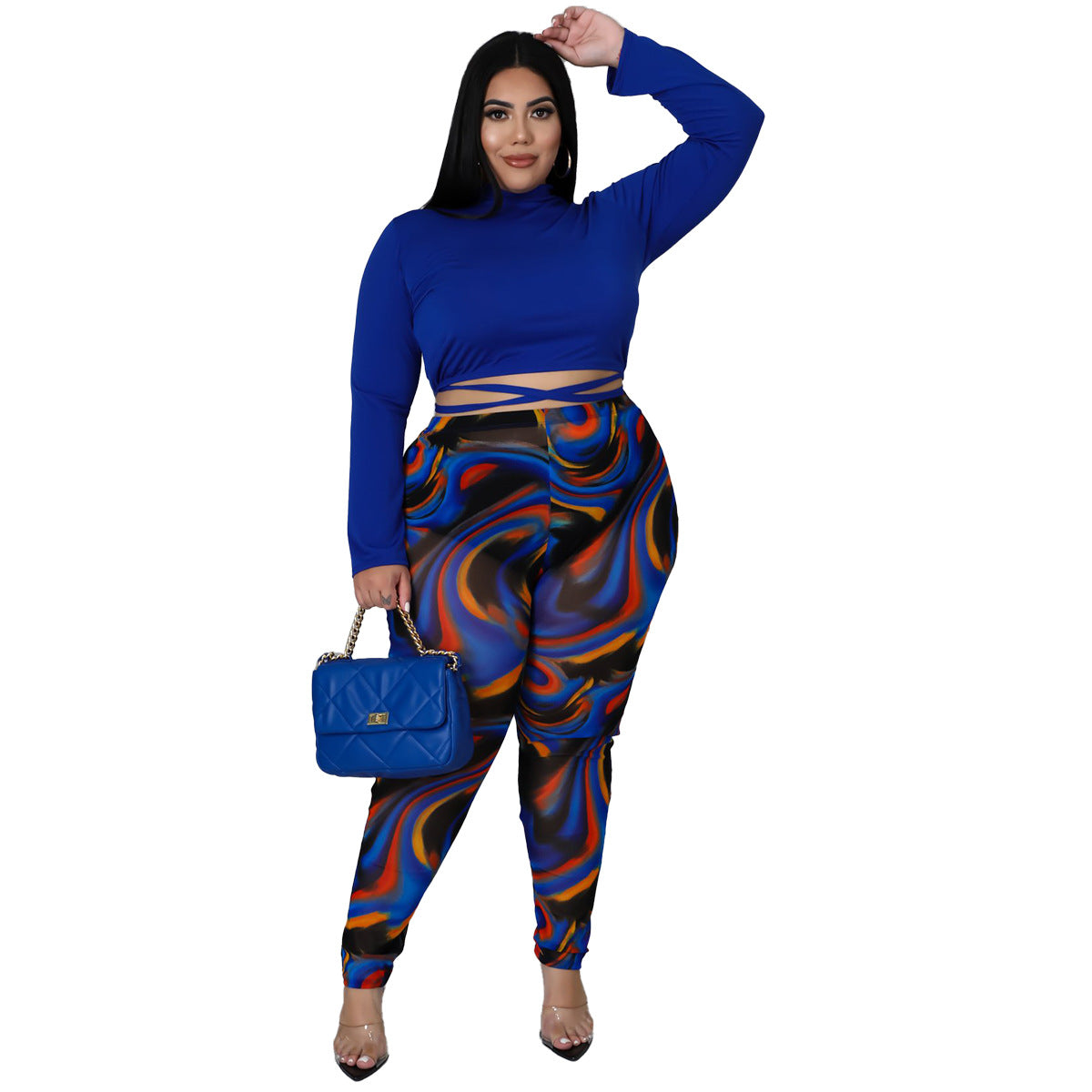 Sexy Two-Piece Colorblock Tie-Front Sheer Set