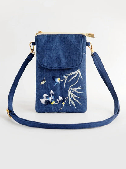Embroidery Flower Bag Women'S Cotton And Linen Cloth Messenger Bag Small Bag Change Bag Close-Fitting Mobile Phone Bag Ethnic Style Mobile Phone Bag
