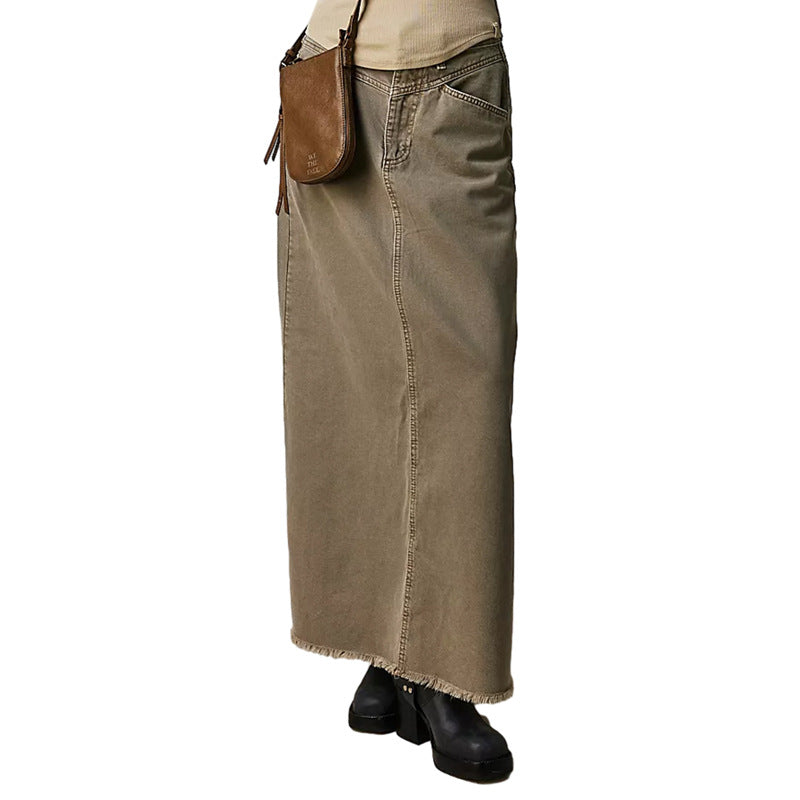 Washed Raw Hem Casual Denim Maxi Skirts