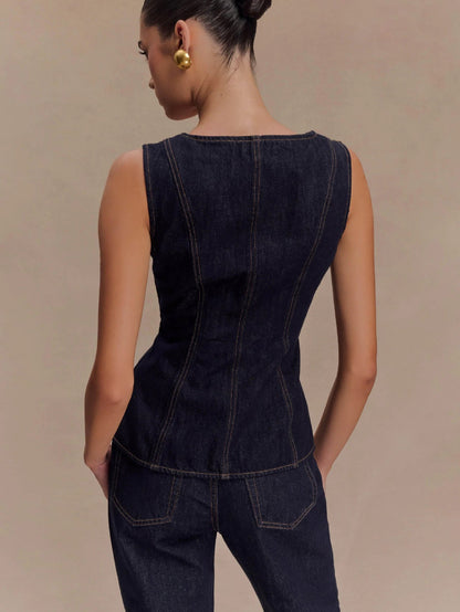 Modern Flavored Button High-Waist Denim Top and Pants Set
