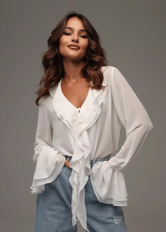 Ruffled Chiffon Blouse With Bell Sleeves