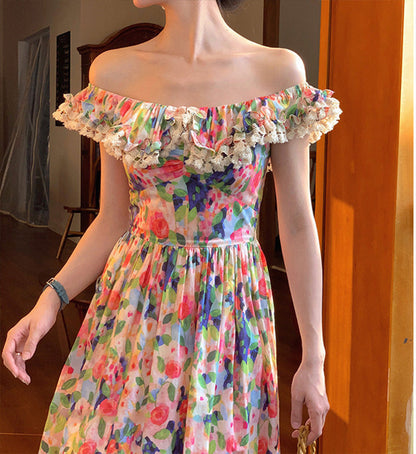 One Shoulder Tea Break Skirt Off-The-Shoulder Oil Painting Print Dress Women'S Spring