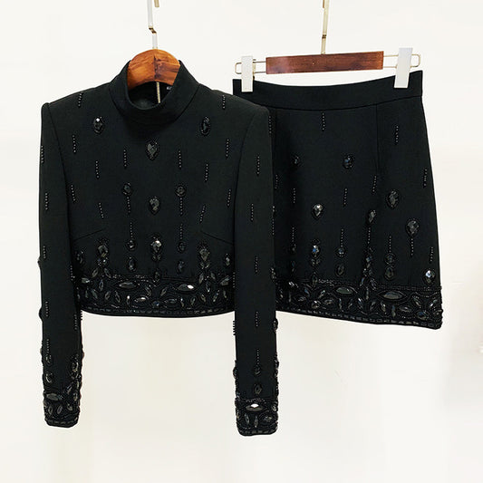 Fashionable Pearl Beaded Rhinestone Short-Sleeve Top And Skirt Set