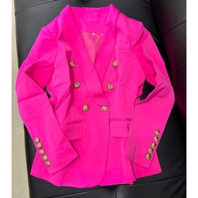 Double-Breasted Blazer With Lion Head Metal Button